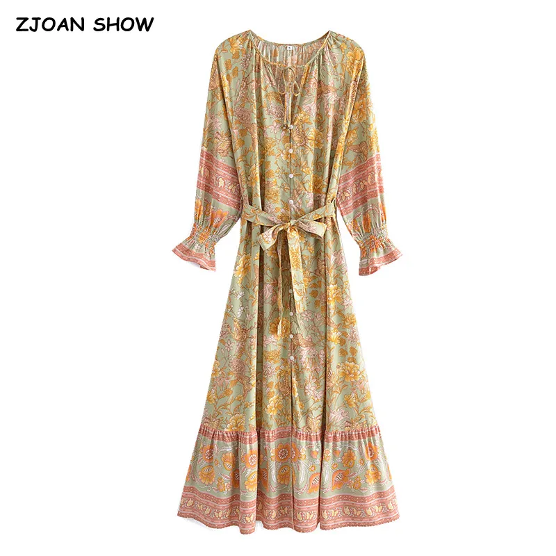 BOHO Orange Floral Print Women Long sleeve Dress Holiday Tide Bow Sashes Center Buttons Maxi Dresses Holiday Robe Vestido