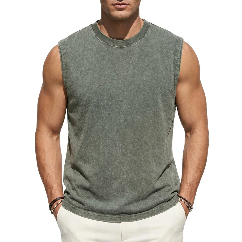 Washed Old round Neck Sleeveless T-Shirt 230g Men's Cleanfit Style Non-fading PU Leather Fabric Nine-point Sleeve Women's Sui...