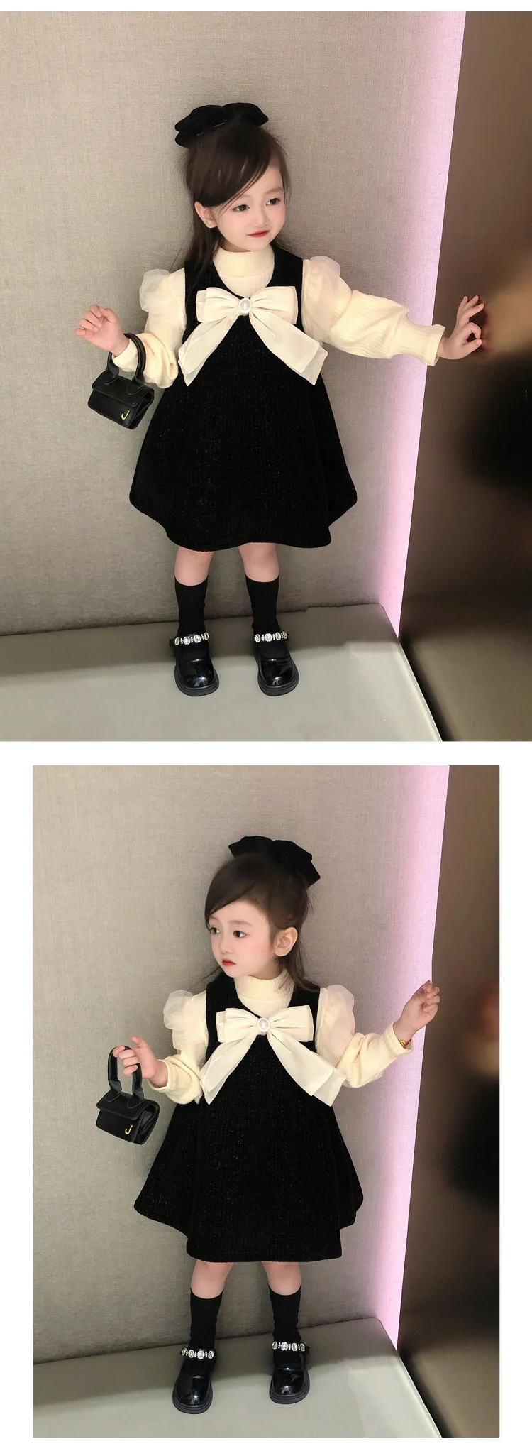 Mädchen Langarm Weiches Tüll-Prinzessinnenkleid Kinder Puffrock Zweiteiliges Innenset Atmungsaktives Bequemes Babykleid Casual – Detail 12
