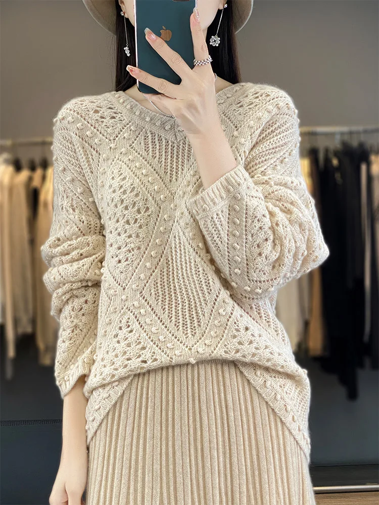 Light Luxury 100% Merino Woo Women Sweater Autumn Winter Hollow Out Knitted Pullover Long Sleeve Dot Soft Cashmere Clothing Tops