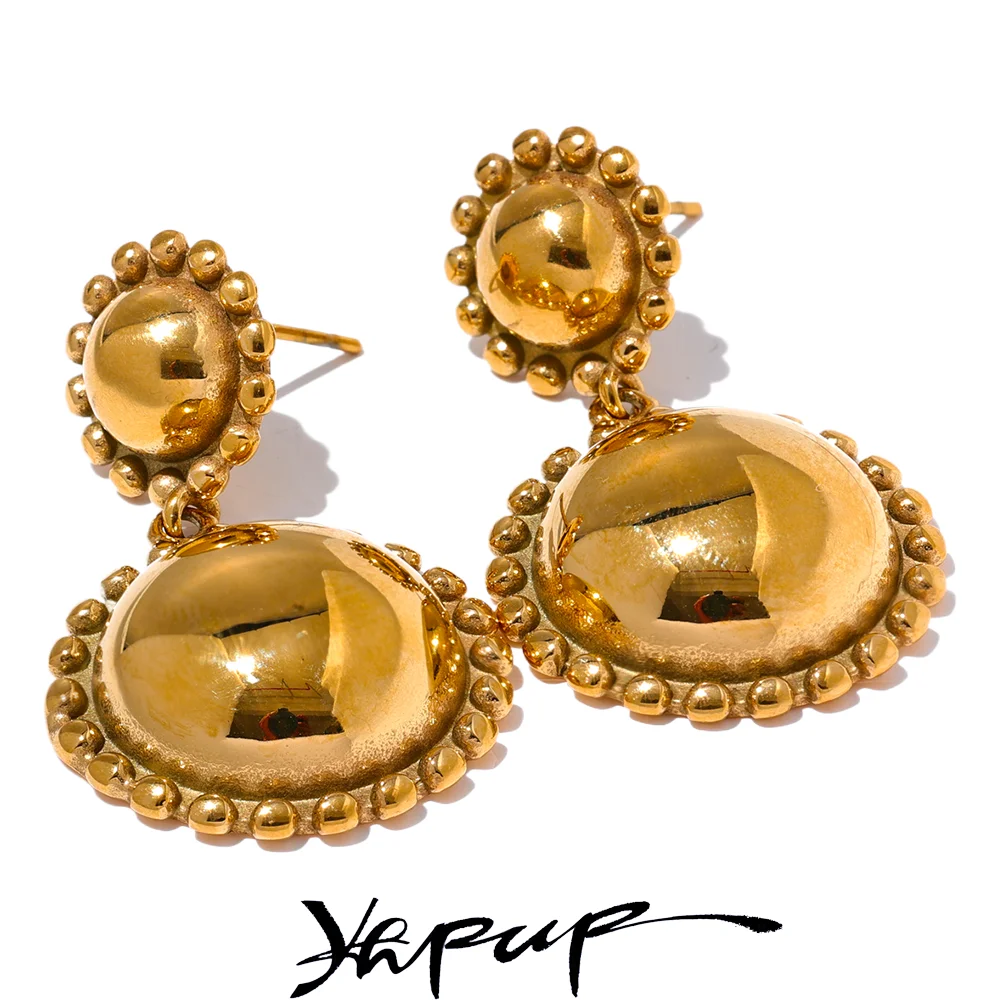 Yhpup 빅 프로모션 스테인레스 스틸 금속 하프 라운드 볼 드롭 귀걸이, 방수 질감 18K PVD 도금 쥬얼리 도매