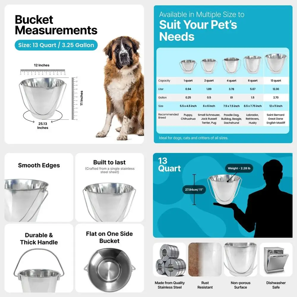 

Сверхмощное ведро из нержавеющей стали, 13 литров — металлическое ведро с плоской стороной 3 галлона для кормления и полива домашних животных, скота и уборки —