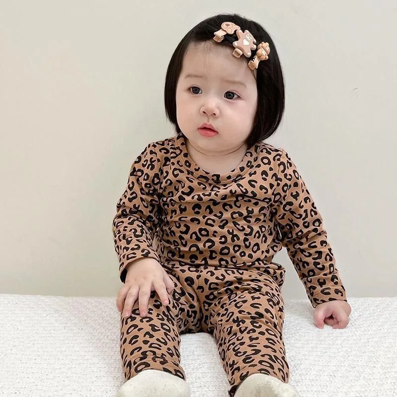 1Set Baby Pajama Set Children's Underwear Set Girls Spring Autumn Long Sleeve Pants Leopard Print Home Sleepwear Kid's Clothing