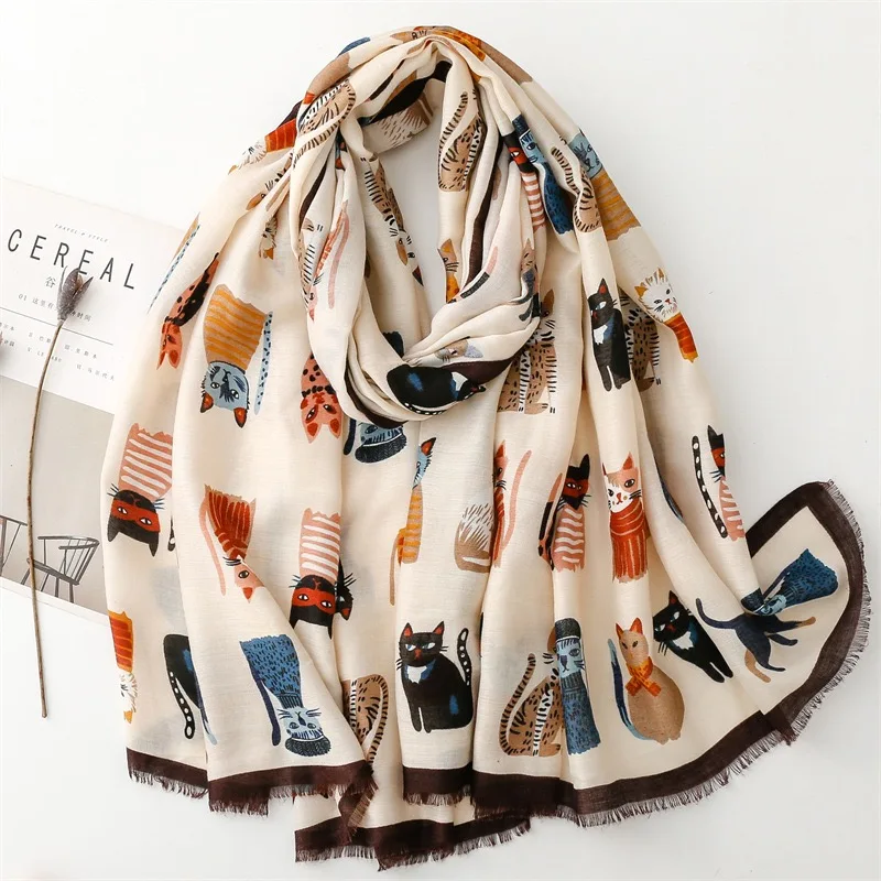 Autumn Lovely Animal Cat Pattern Cotton Viscose Shawls Lady High Quality Soft Wrap Pashmina Stole Bufandas Muslim Hijab 180*90Cm