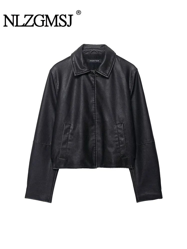 

NLZGMSJ Solid Short Jacket 2025 Fashion Casual Artificial Leather Jacket Top Long Sleece Jackets For Women Outwear