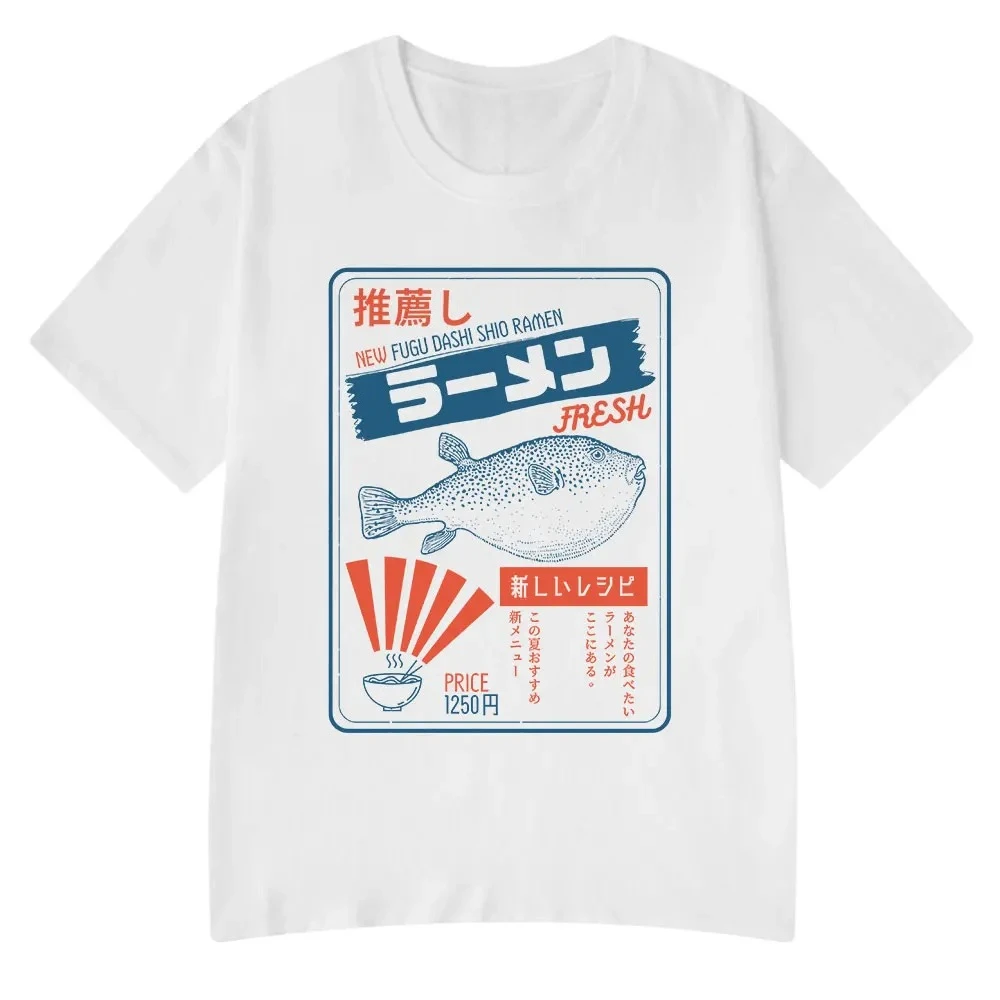 Vintage Fugu Puffer Fish Ramen T-Shirts Women Clothing Summer Tee Shirt Fashion Crewneck Short Sleeve T Shirt Women Clothing Y2K