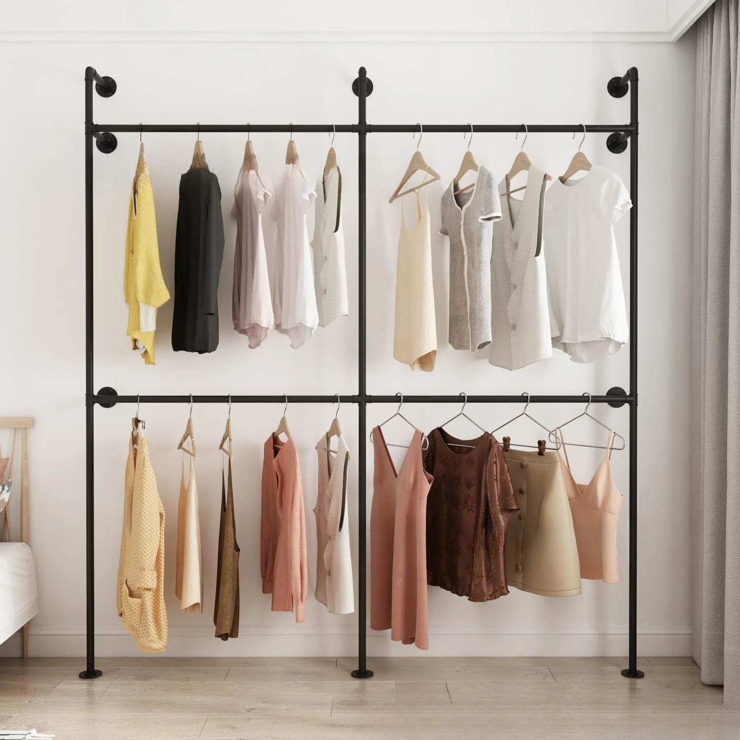 

Industrial pipe garment rack golden wall hanging display rack subway art wall wedding dress display rack heavy duty hanger