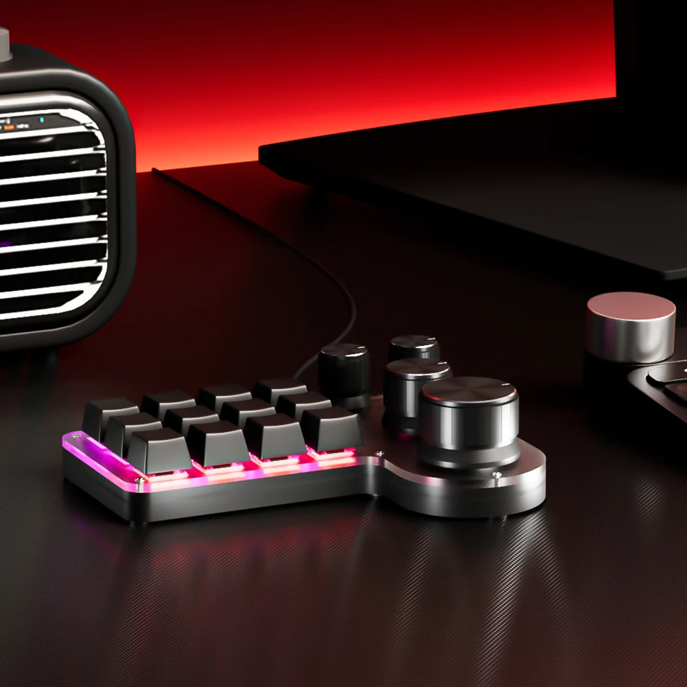 12 Keys 4 Knobs Mechanical Macropad RGB USB Wired/Bluetooth-Compatible Photoshop Gaming Keypad Red Switch for Industrial Control