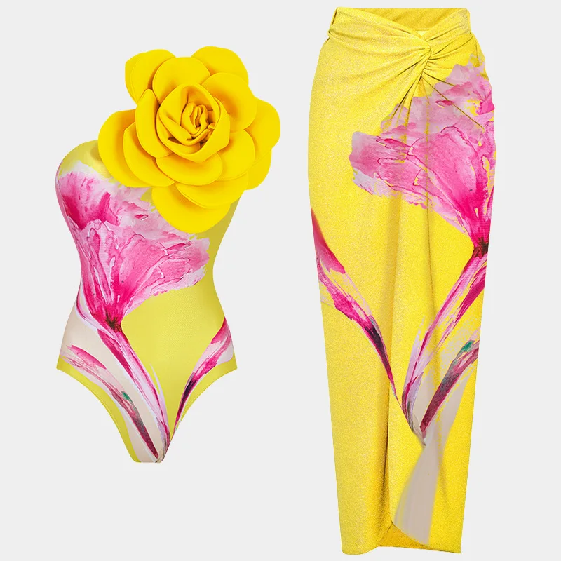 

Новинка 2024, желтый слитный купальник с 3D цветами на одно плечо для женщин, купальник с юбкой, купальный костюм, монокини, боди, пляжная одежда