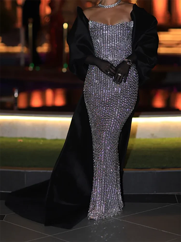 럭셔리 스팽글 구슬 민소매 인어 정장 이브닝 드레스 생일 파티 댄스 파티 드레스 맞춤형