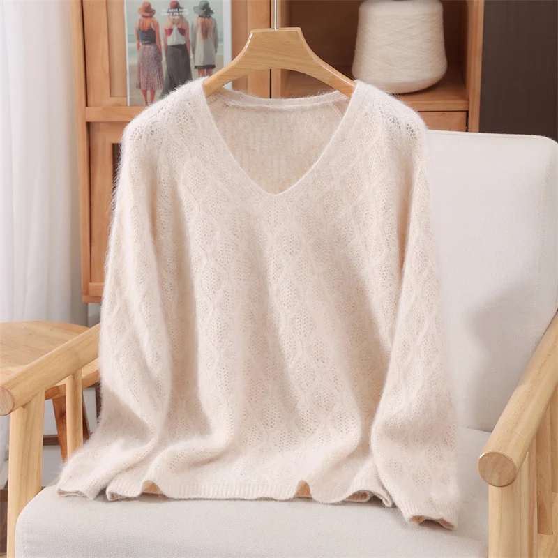 

2025New Women 100% Mink Cashmere Sweater V-Neck Pullover Autumn Winter Basic Soft Warm Clothing Long Sleeve Casual Knitwear Tops