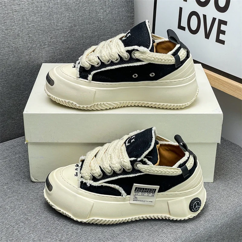 Unisex Vintage Canvas Shoes for Trendy Men 2024 New Fashion Ripped Thick Sole Hidden Height Increase Beggar Style Shoes