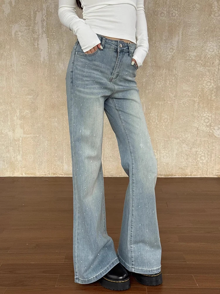 ReddaChic Y2k Rhinestone Jeans for Women Going Out Party Retro Do Old Sparkly High Rise Pockets Bootcut Pants Trendy Streetwear
