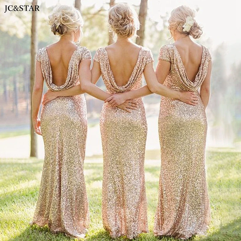 

champagne gold bridesmaid dresses women for wedding sequined mermaid vestidos para bodas mujer invitada back folds Boho evening