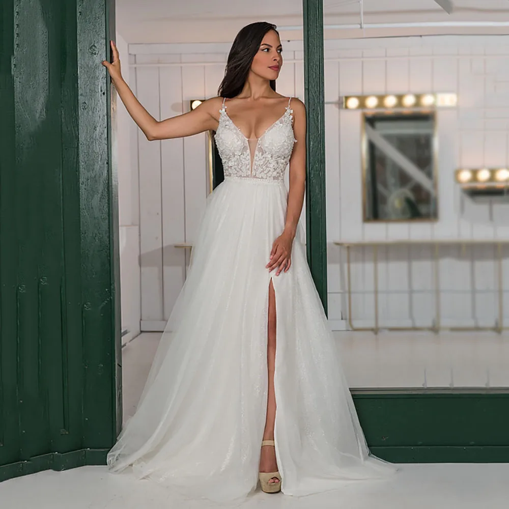 

Glitter Wedding Dresses Lace Appliques V Neck Sparkle Tulle A-Line Bridal Dress High Slit Backless Bride Gown Customized