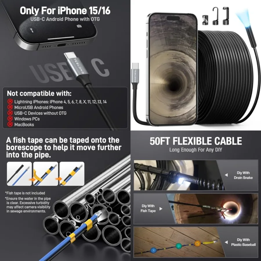 

50FT USB-C Borescope Camera with Light, Only Compatible with iPhone 15/16/17 Android Phones, 50 ft Flexible Waterproof Endoscop