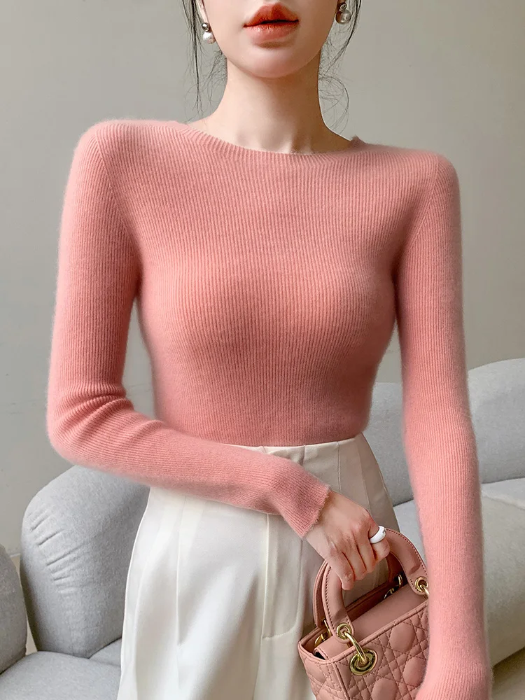 Spring and autumn women\'s sweater solid color 100% merino wool women\'s O-neck knit pullover slim soft sexy long sleeve top