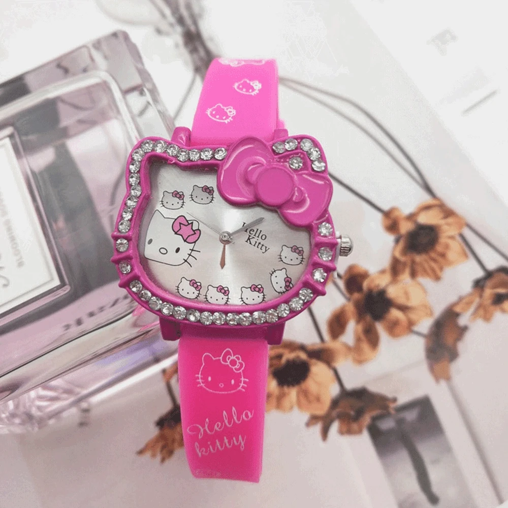 ハローキティ子供の漫画猫ヘッド学生電子シリコーンダイヤモンド弓クォーツ時計パーティーキッズガールズギフト