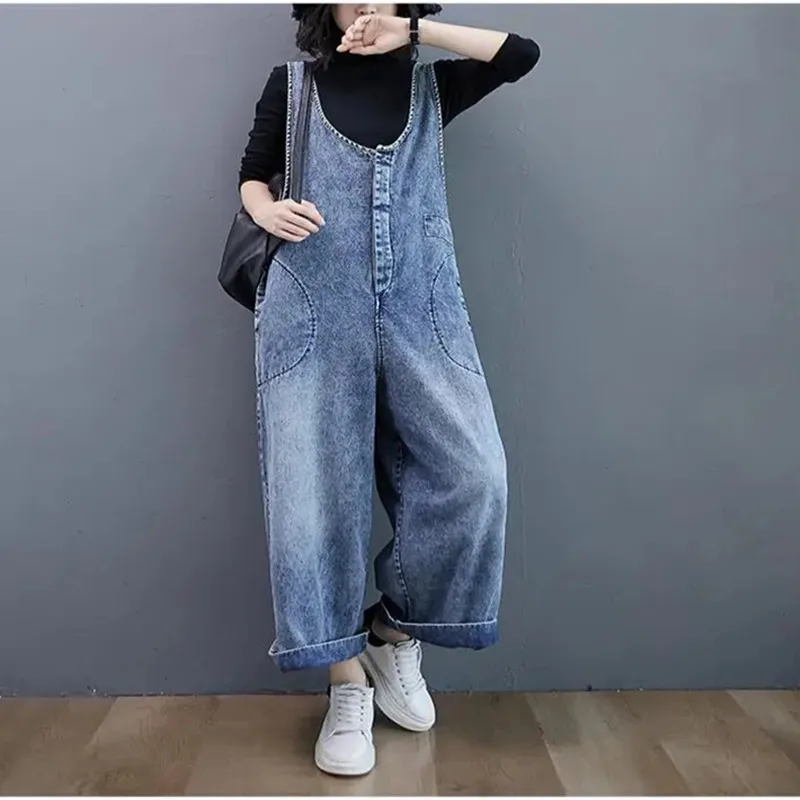 Джинсовые брюки на бретельках для женщин, уличная одежда, весна-лето 2024, свободные длинные джинсы с широкими штанинами, Модный повседневный студенческий джинсовый комбинезон