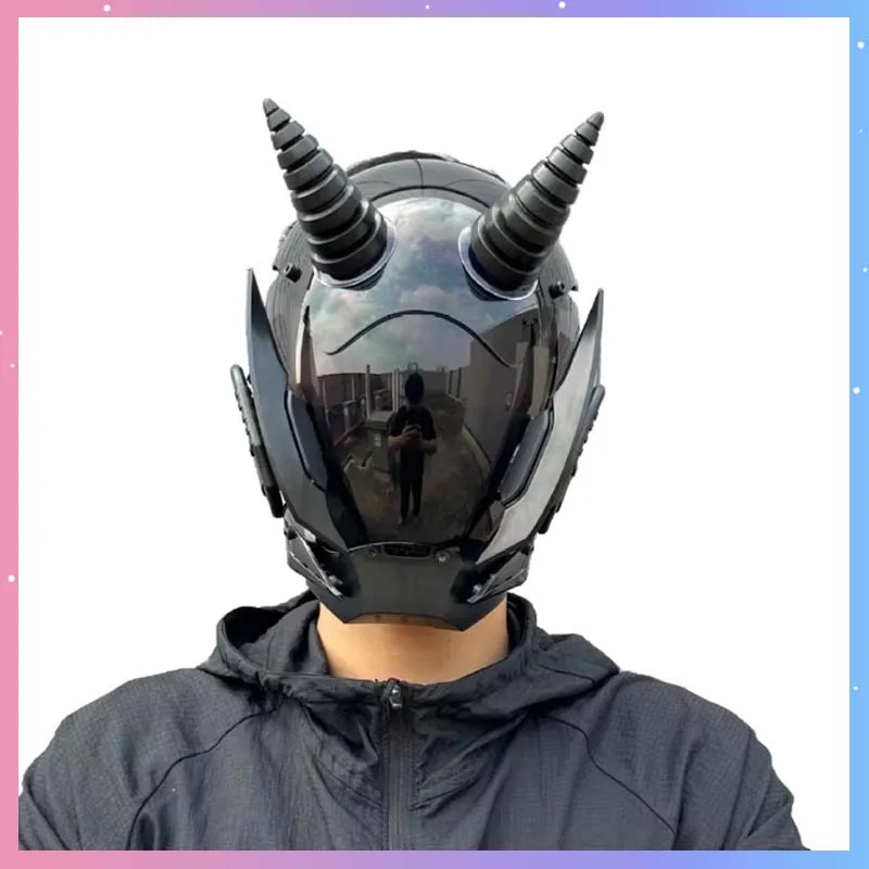 Cyber Punk Mask With Devil Horn Cosplay Costume Futuristic Sci-Fi Mechanical Warrior Mask Prop Accessory For Halloween Party