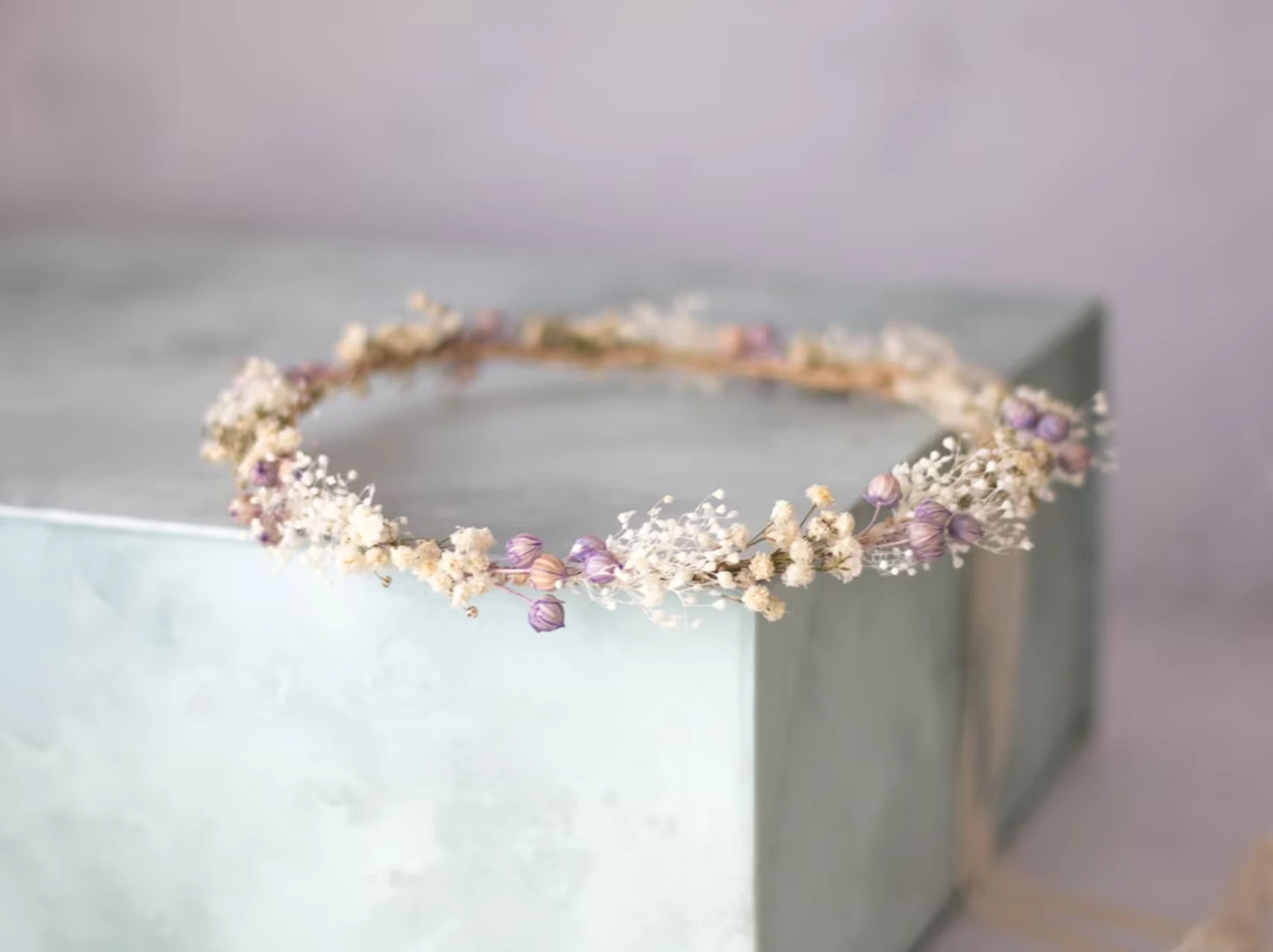 Wedding Dried Flower Crown Purple Floral Crown Babys Breath Headband Dainty Ivory Llavender Floral Headband Bride Girl Supplies