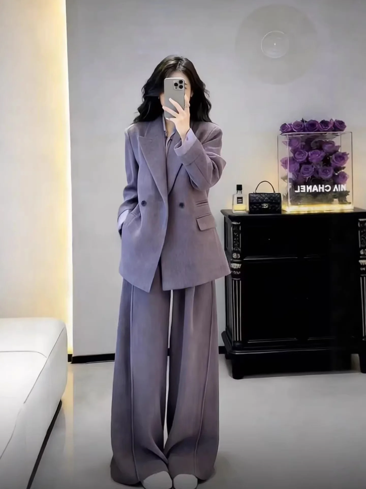 

plus Size Women's Purple Suit Jaet And Casual Wide Leg Pants Two Piece Set Korean Sle Faionable Workwear Winter Outfit