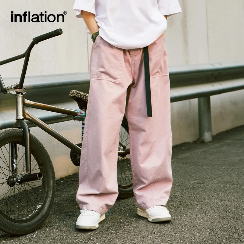 INFLATION Pink Wide Leg Pants Mens Slacks Elastic Waist 100% Cotton Trousers Unisex Straight Leg Pants