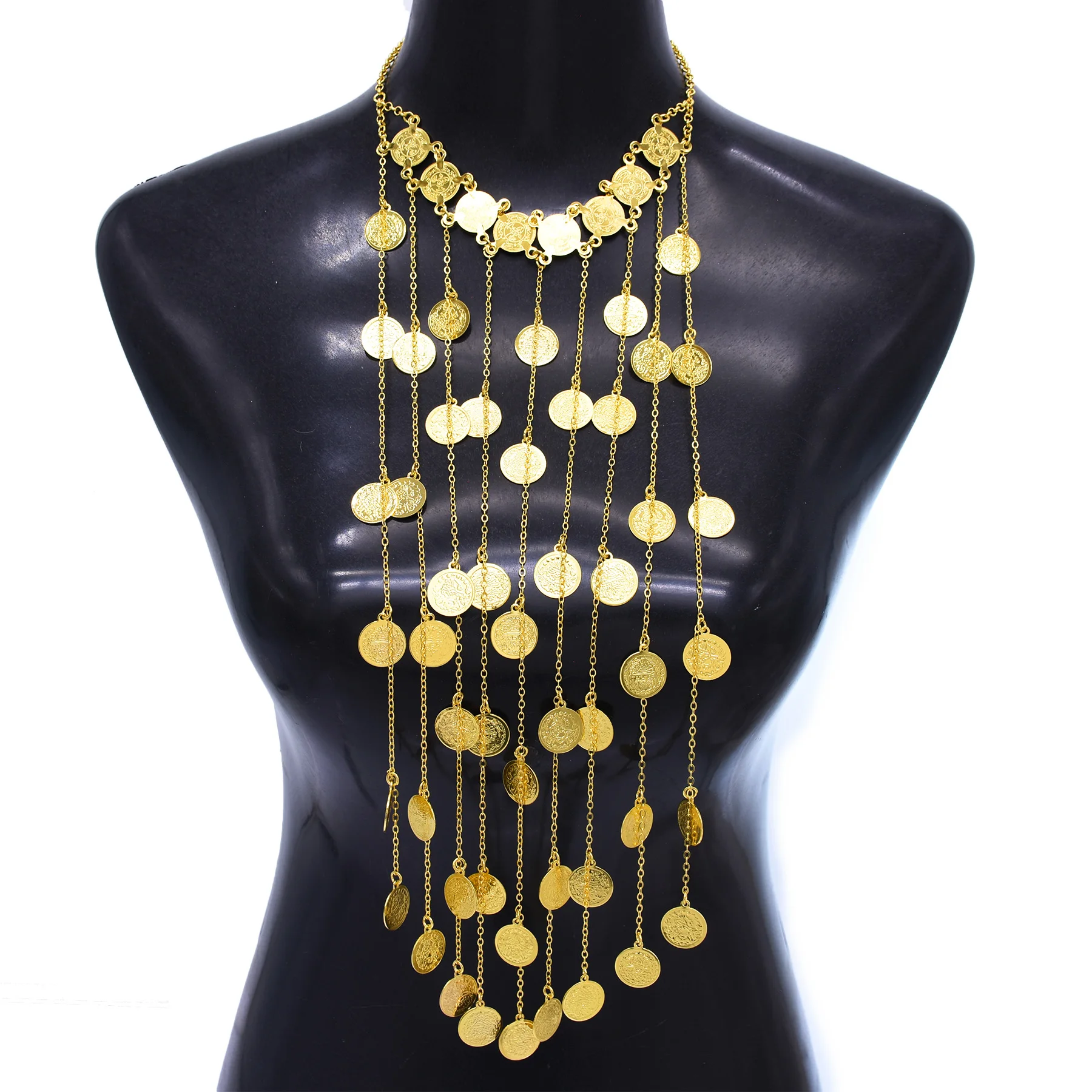 Gold Plated Simple Chain Alloy Carved Coins Tassel Necklace For Women India Kurdish Turkey Ethnic Tribal Jewelry Accessory Gift