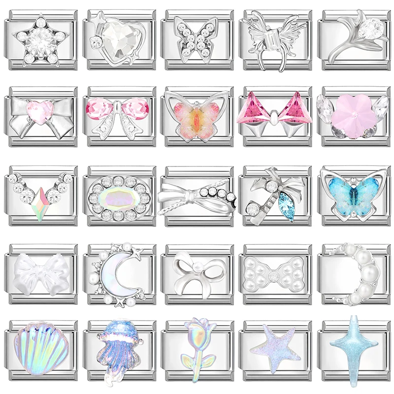 Shiny Zircon Star Heart Bow Cherry Moon Italian Charm Links Fit 9mm Stainless Steel Bracelet Women Jewelry DIY Making Gifts