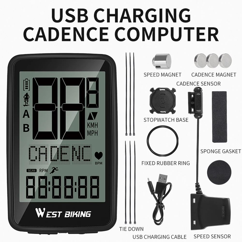 WEST BIKING Bezprzewodowy Dwujęzyczny Licznik Rowerowy z Funkcją Pomiaru Kadencji, Wielofunkcyjny, Wodoodporny, z Pełnym Ekranem i Podświetleniem, do Rowerów Górskich
