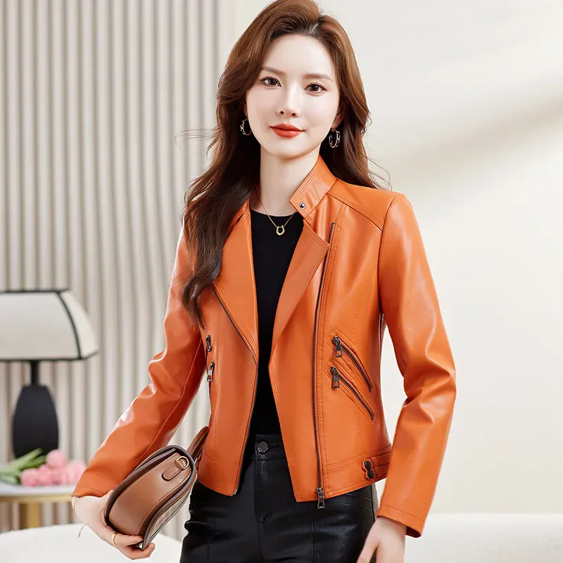 Spring Genuine Leather Jacket Women Real Orange Leather Outerwear Natural Sheepskin Coat Women\'s Moto Biker Zipper Jackets 5XL