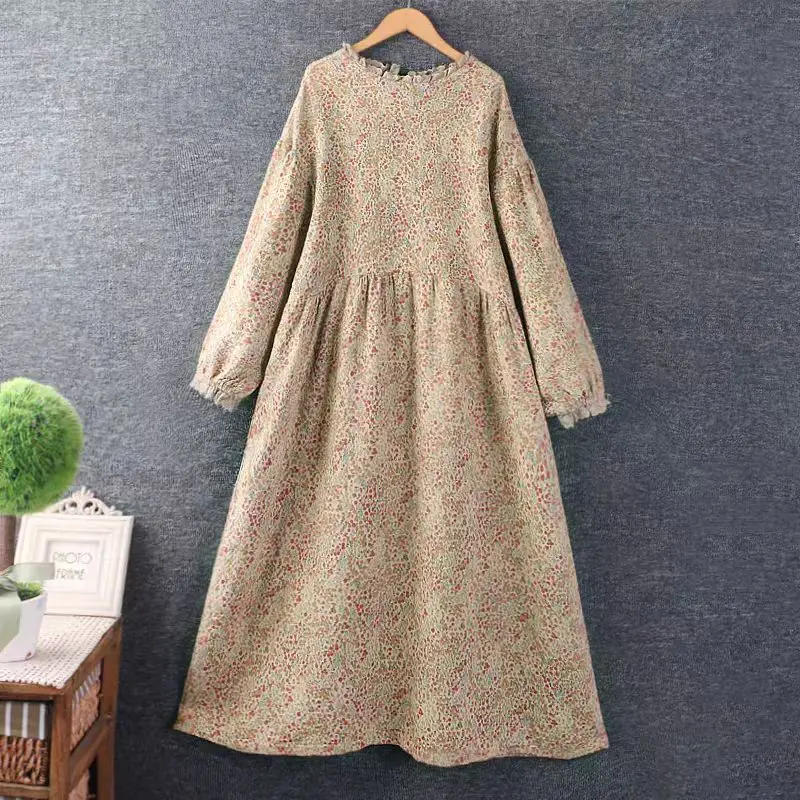 Spring New Style Women's round Neck Cotton Linen Long Sleeve Dress Floral Loose Layered Wear Mid-Length Skirt Spring Dress