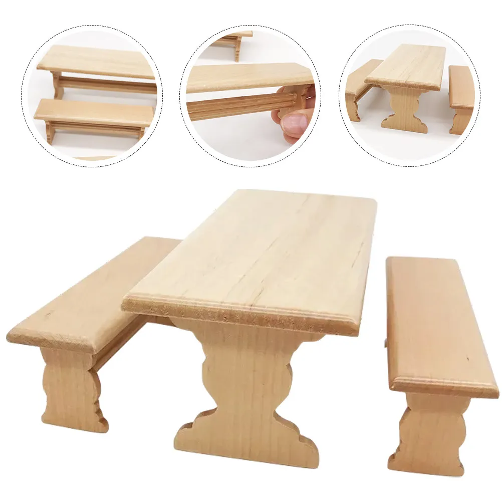 

1 Set Miniature House Furniture Creative Wooden Table and Bench Smooth Edge Safe Surface Perfect for Photo Props Micro Landscape