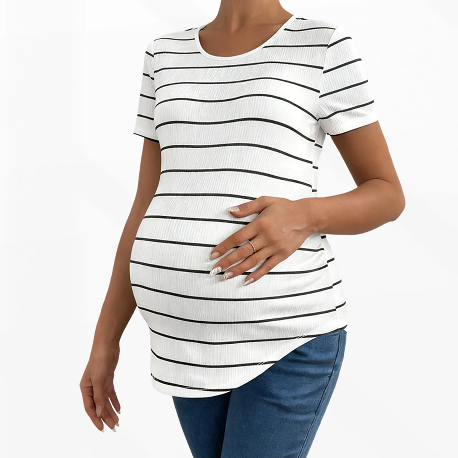 

Women's Maternity Striped Shirts Tops Short Sleeves Curved Hem T-shirt Pregnancy Clothes for Work Casual Outing Daily Wear