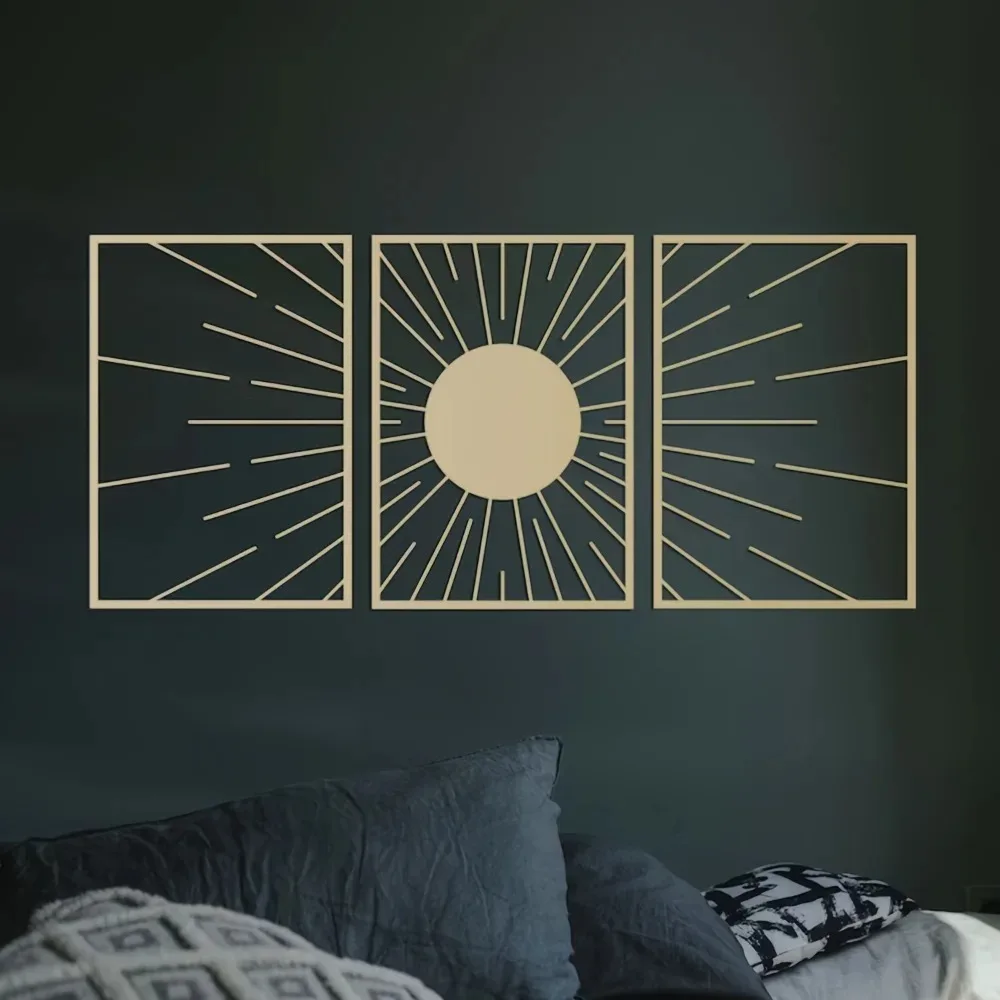 3pc Abstract Gold Aluminum Wall Art, Elegant Sun Metal Painting Set for Living Room Bedroom Sofa Decor