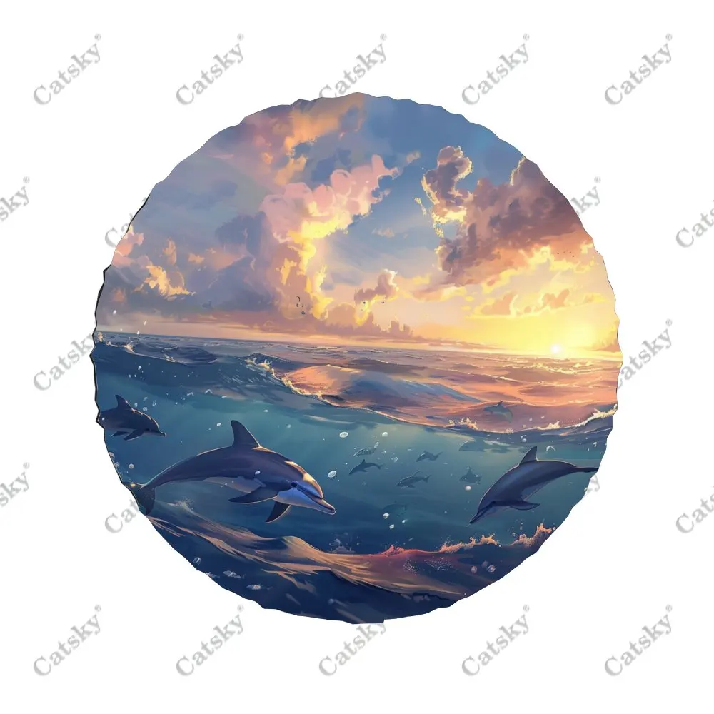 Dolphins Swimming Under Sunset Universal Car Spare Tire Cover Auto Accessories Wheel Protect for Trailer SUV Truck Camper14-17in