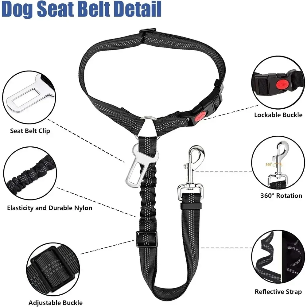 2-in-1 Dog Car Seatbelt Headrest Restraint Adjustable Reflective Pet Safety Seat Belt Clip Buckle Tether Large Medium Small Dogs