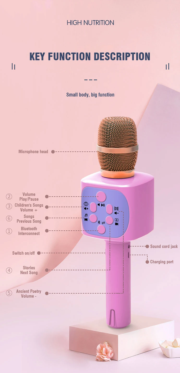 Microfone de karaokê sem fio, portátil, bluetooth, alto-falante elétrico, reprodutor de música, máquina de cantar, brinquedo educacional, presente de aniversário para crianças