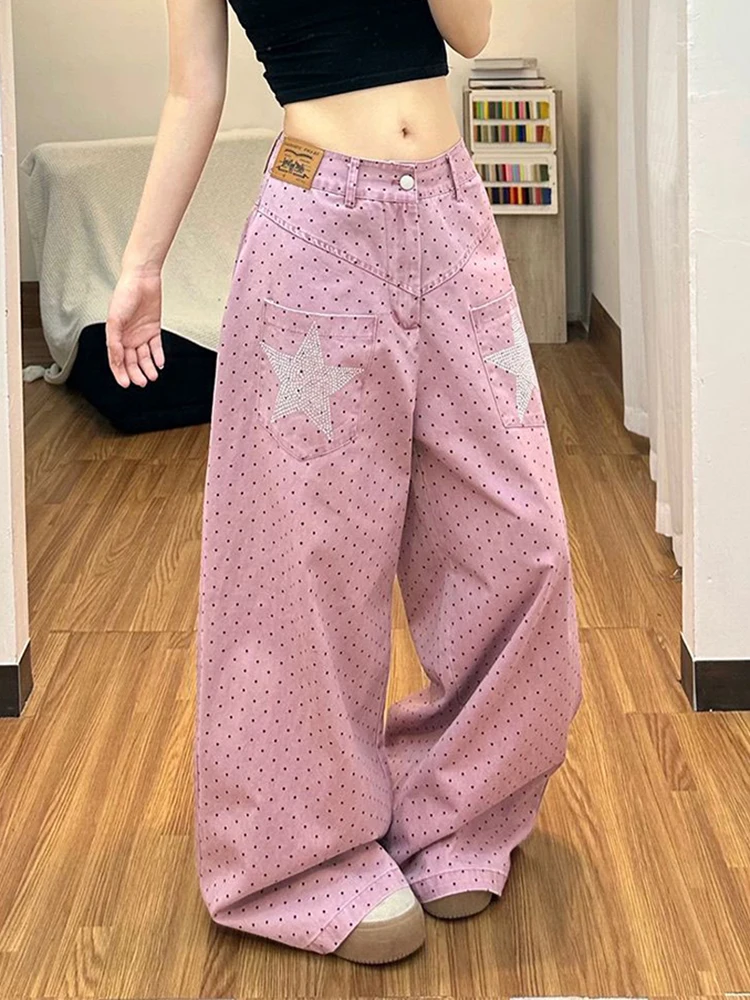 Pink Polka Dots Jeans Women Vintage Summer Loose Casual Wide Leg Denim Pants Female Retro Y2K Streetwear Baggy Pocket Trouser