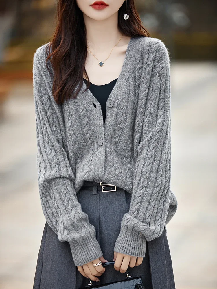 Autumn Winter Women's Sweater Cardigan Ingle Breasted 100% Merino Wool Knitwear Cashmere V-neck Casual Popular Soft Solid Coat