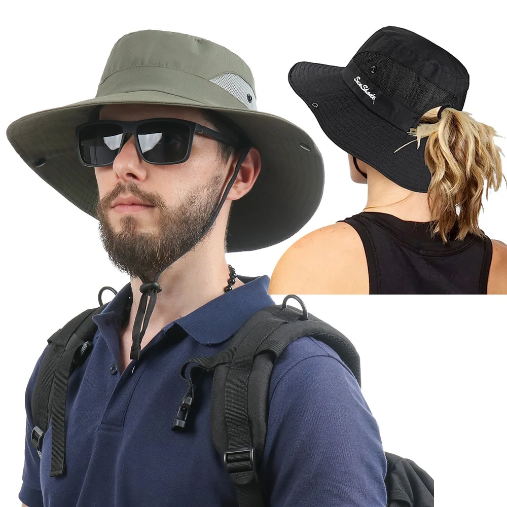 

Men's and Women's Outdoor Sunscreen Fisherman's Hat with Ponytail Hole Windproof Rope Design Essential for Hiking and Mountainee