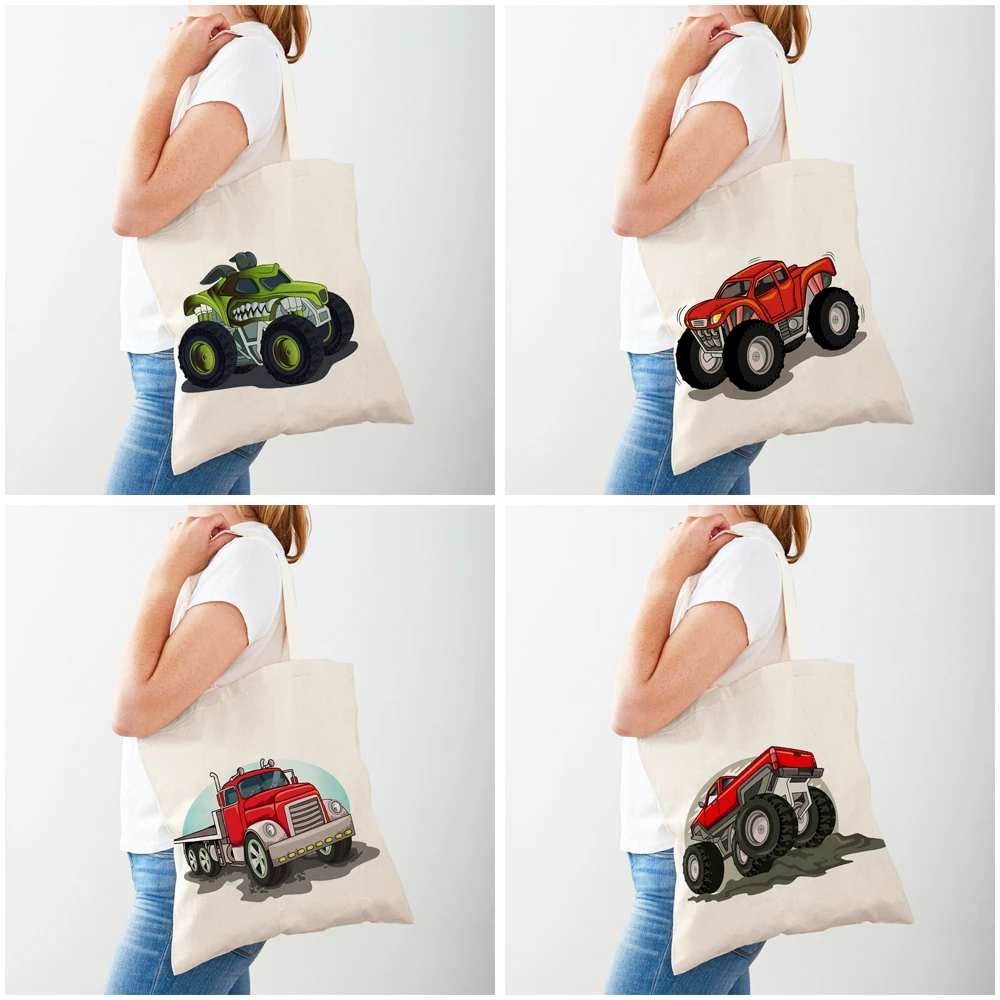 America Monster Truck Shopper Bag for Women Tote Shoulder Handbag Casual Cartoon Car Both Sided Lady Canvas Shopping Bags