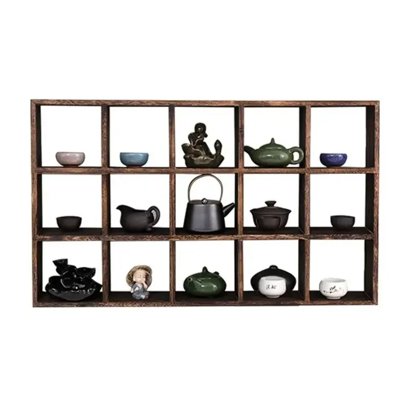 Solid Wood Wall-Mounted Display Shelf Vintage Tea Set Organizer Chinese-Style Curio Cabinet Decorative Hanging Storage Rack