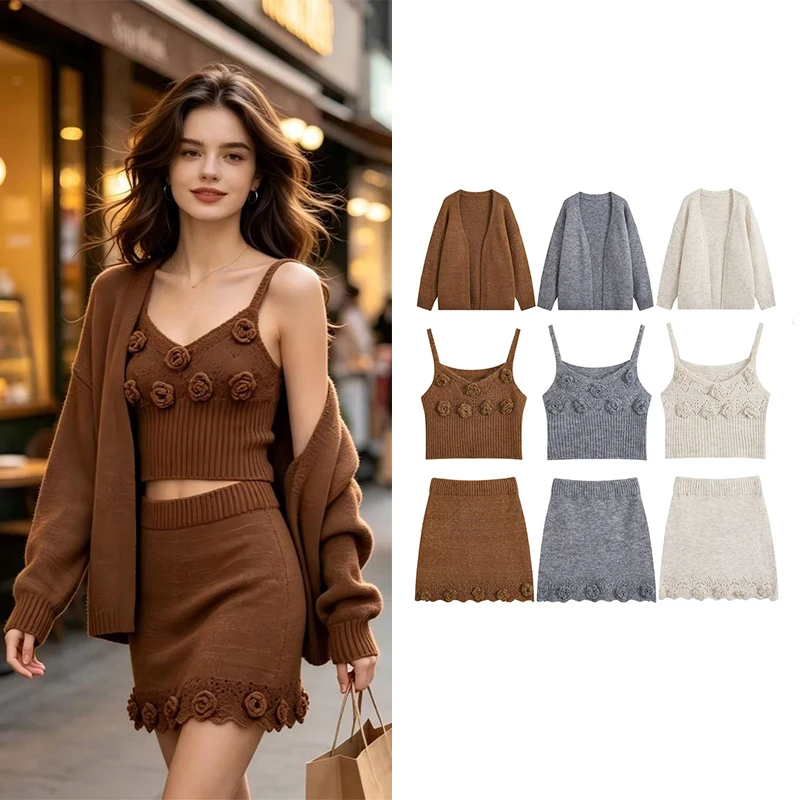 Guobioziy 2026 New Women's 3‑Piece Knitted Floral Set Cardigan Camisole Mini Skirt With Great Value For Money