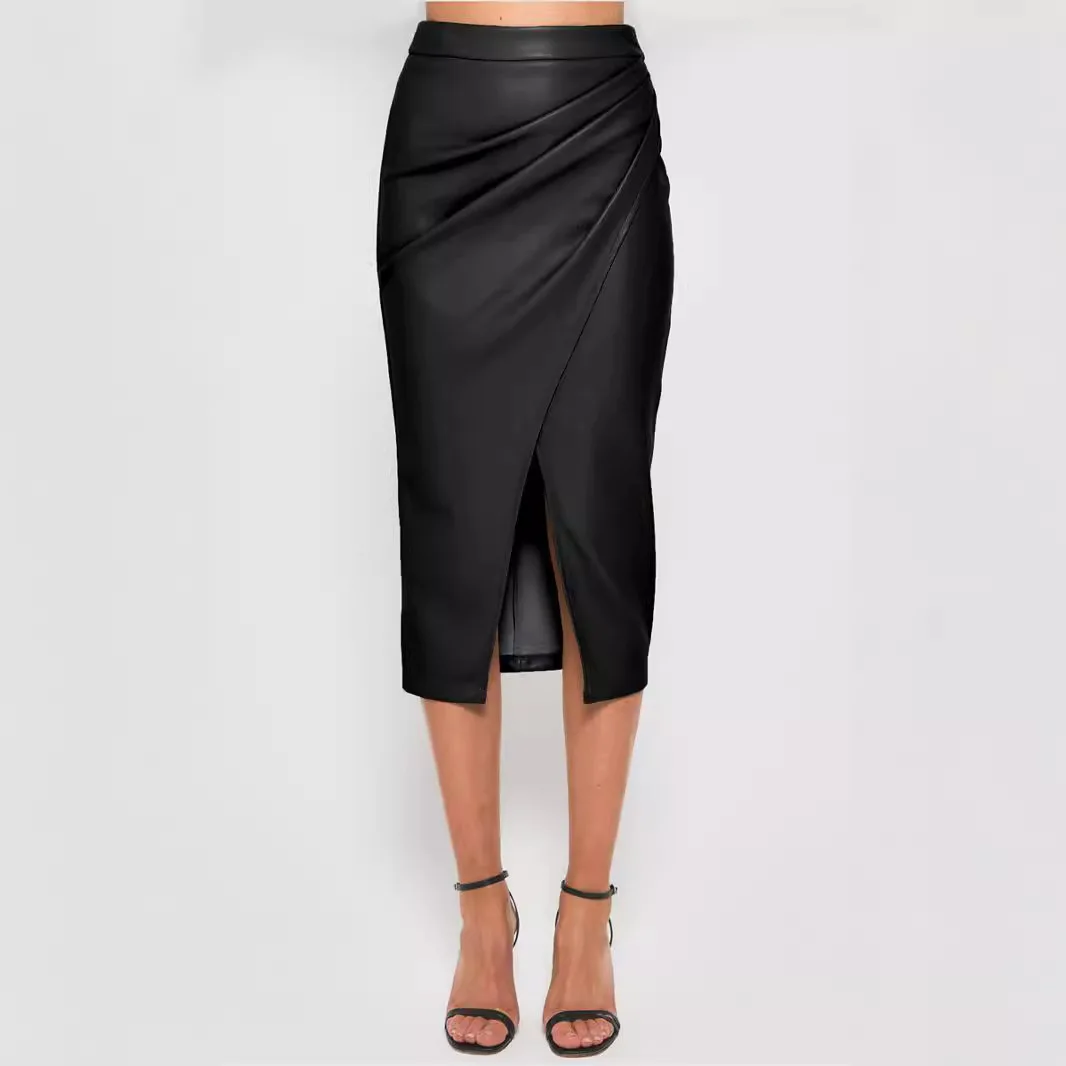 Sexy High Waist Asymmetrical PU Skirt Women's Cross-Border Fashion Spring Autumn Winter Zipper Pleated  Skirt Bodycon
