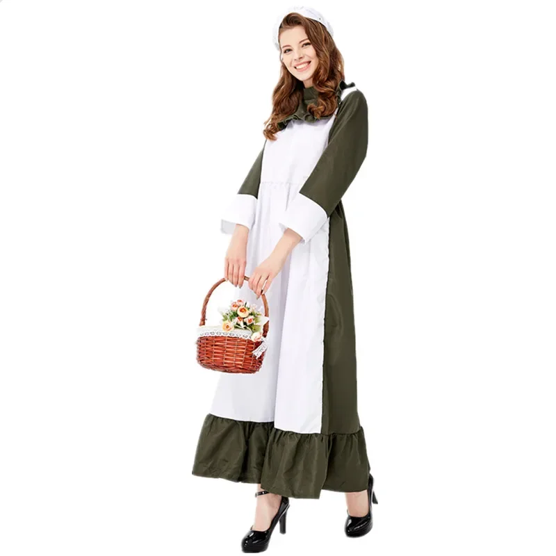 European And American Dark Green Farm Maid Costume Women Halloween Chef Cosplay Uniform Oktoberfest Waiter Fancy Dress