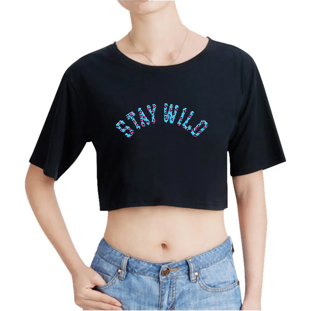 

Ben Azelart Stay Wild Lip Vintage 90s Crop Top Exposed Navel T-Shirt Oversize O-Neck Tops Women Funny Tshirt Fashion Elegant Top