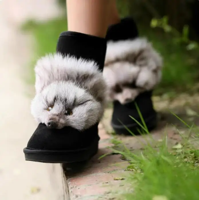 Cute Fluffy Fox Head Embellished Black Suede Snow Boots Round Toe Warm Plush Fur Thick Sole Winter Ankle Boots Femininas