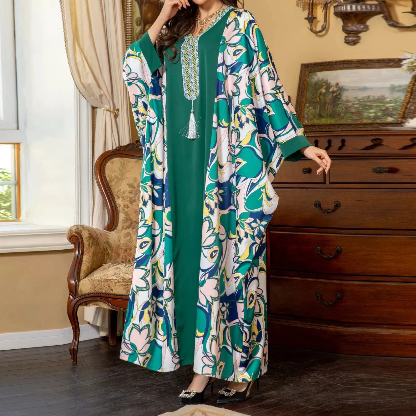 

Muslim women's clothing 2025 autumn new bat sleeve one size hot diamond Middle Eastern Arabic dress-GZXX596