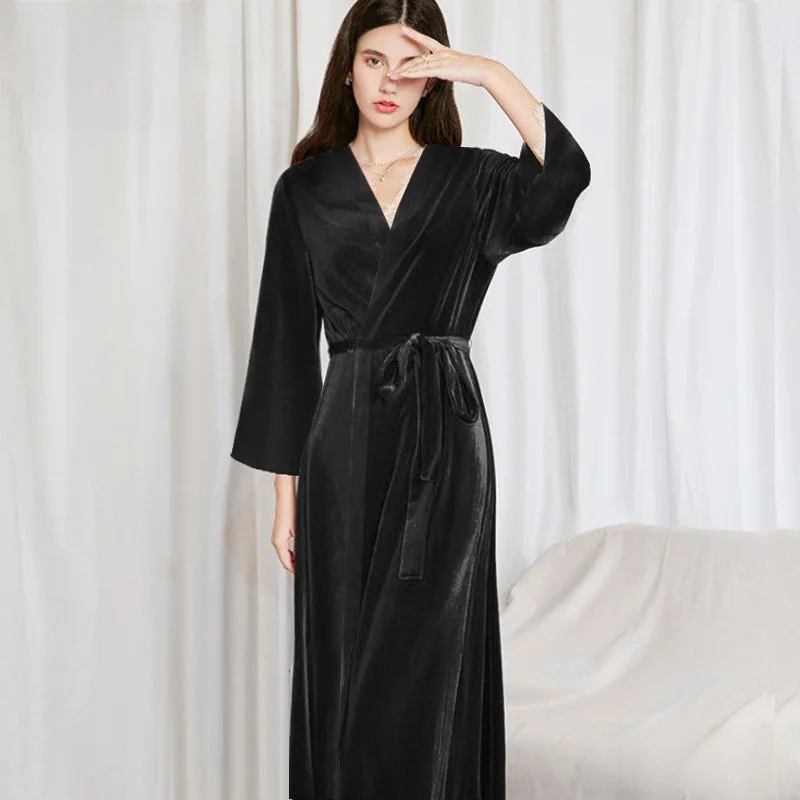 

Bla Velvet Batobe Women's SPA Medical Beau Salon Guest Gown Long Sve Embroidered Simple Sle Autumn Season Home Wear